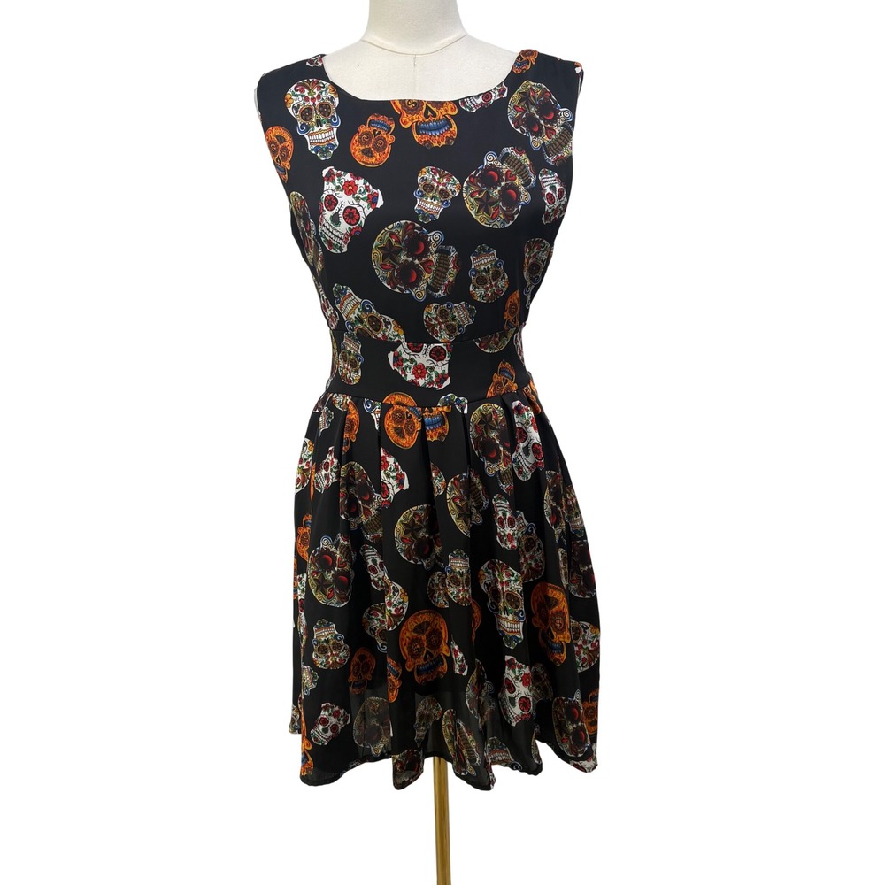 Iska London Satin Sugar Skull Fit and Flare Dress Black Whimsigoth